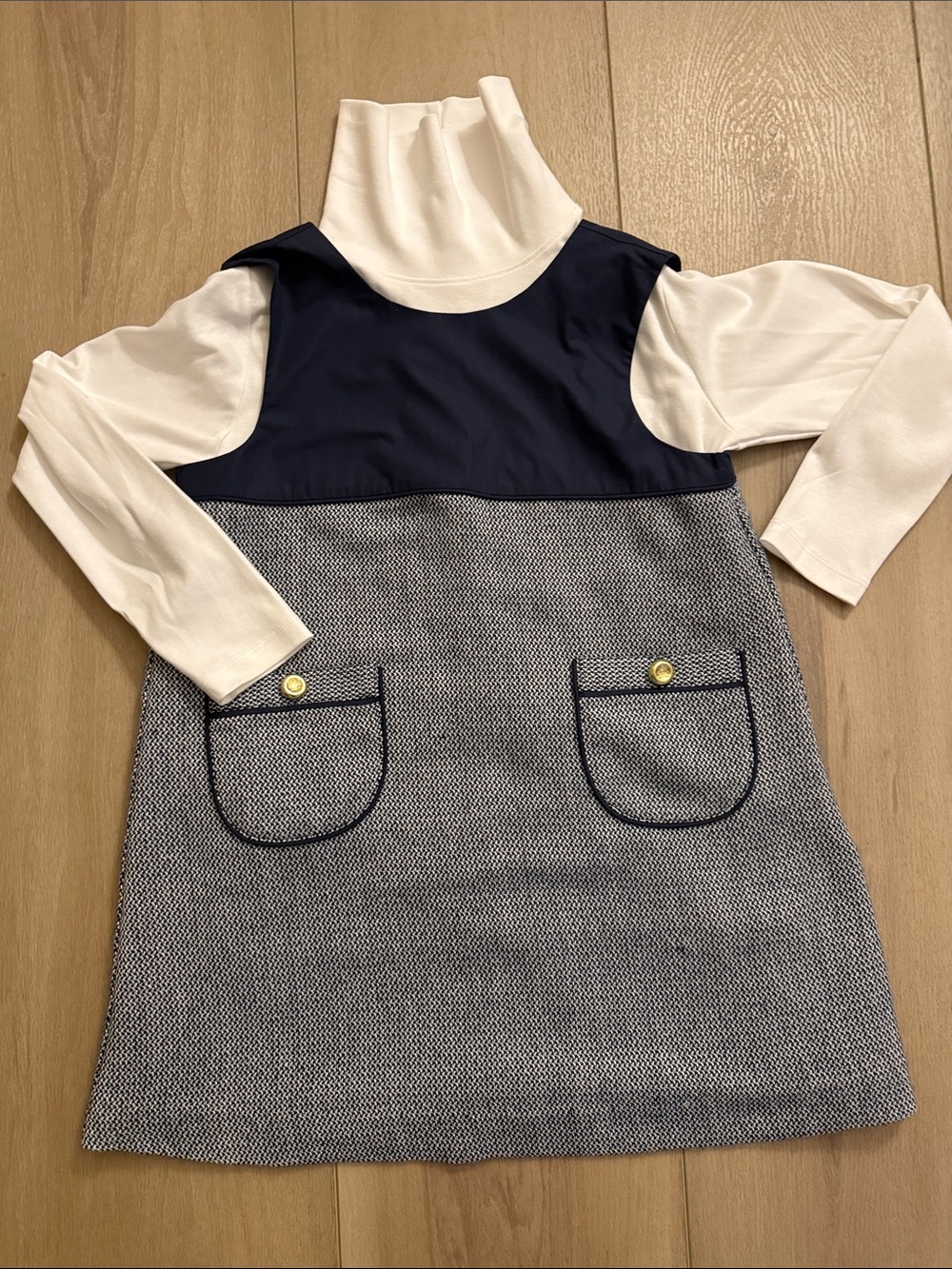 TBBC Girls Navy & White Two-Tone Knit Dress with white Turtleneck